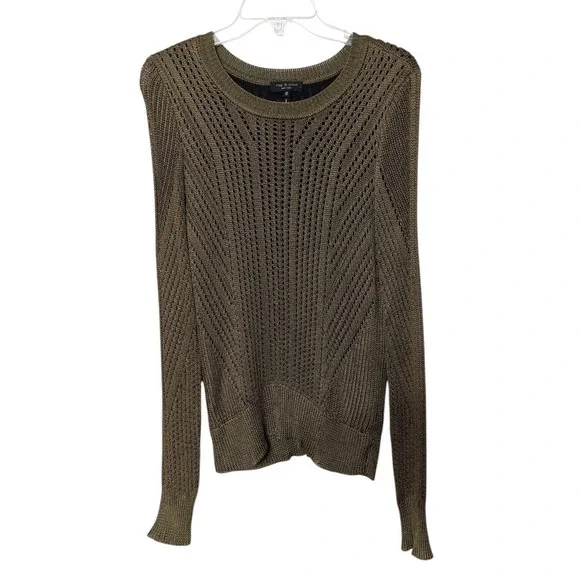 Rag & Bone Olive Green Slinky Pointelle Open Knit Lined Sweater Womens Size M - Picture 2 of 10